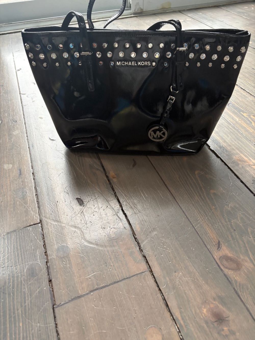 Michael Kors Black Patent Tote with Silver Studs